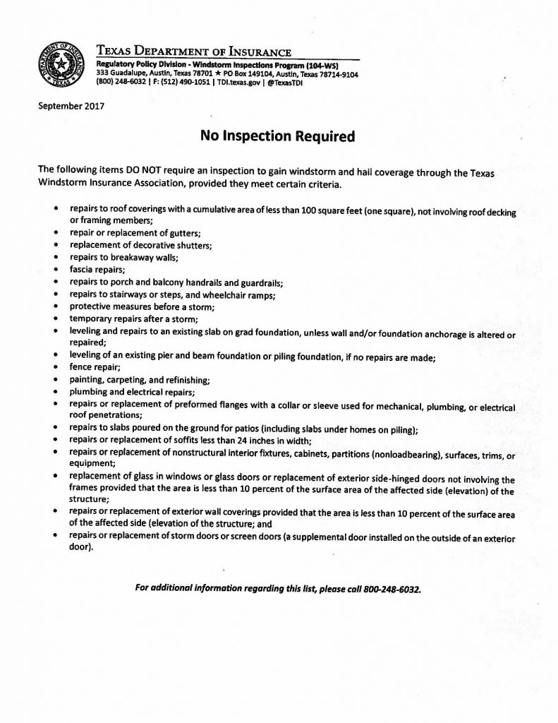 Texas Department of Insurance No Inspection Required Items to Gain