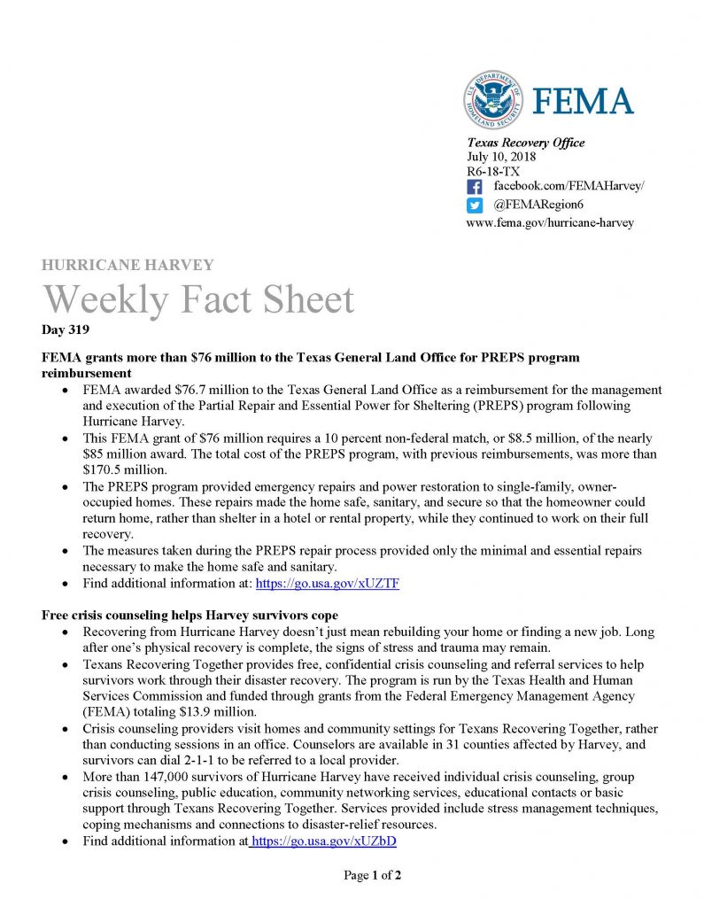 FEMA Weekly Fact Sheet Aransas County Long Term Recovery