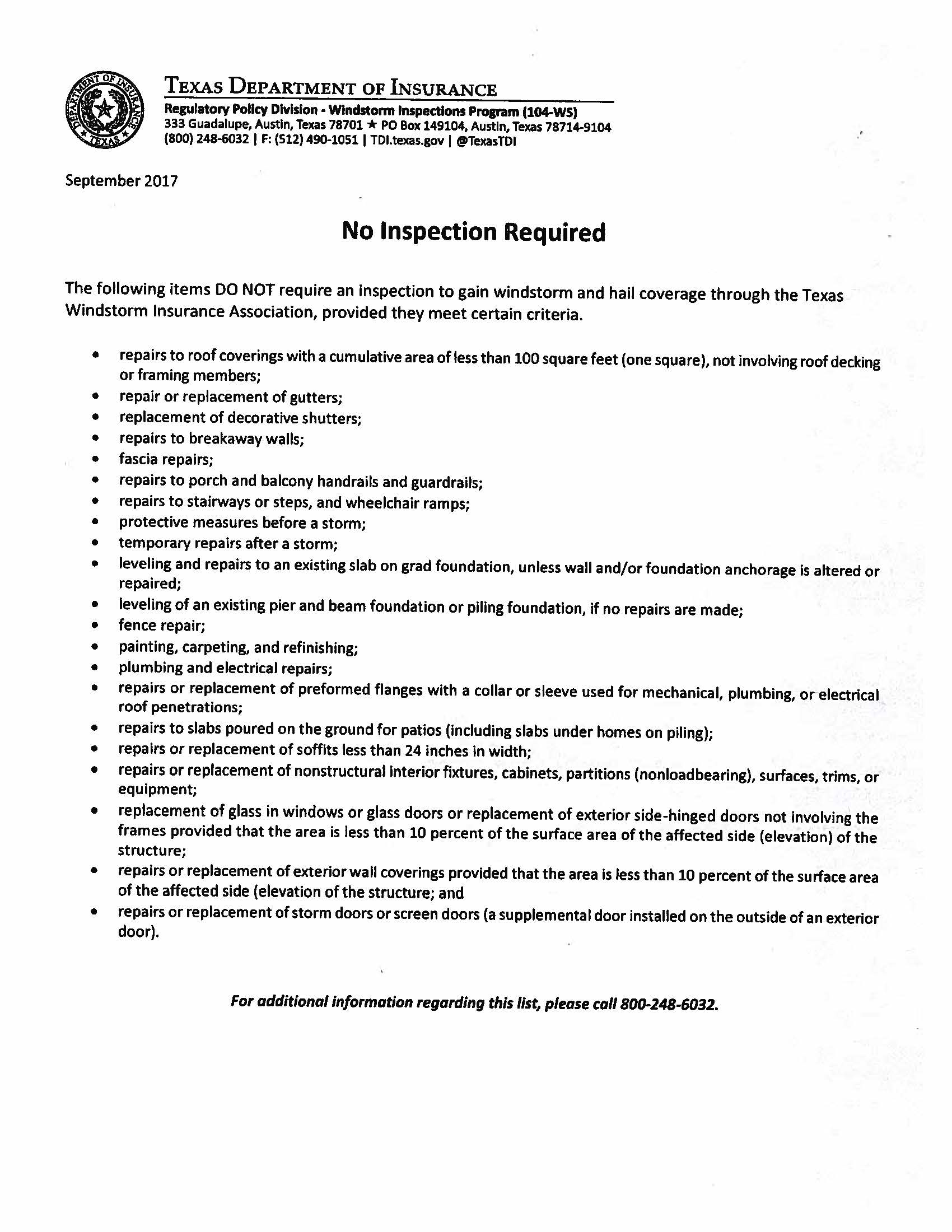 Texas Department of Insurance No Inspection Required Items to Gain