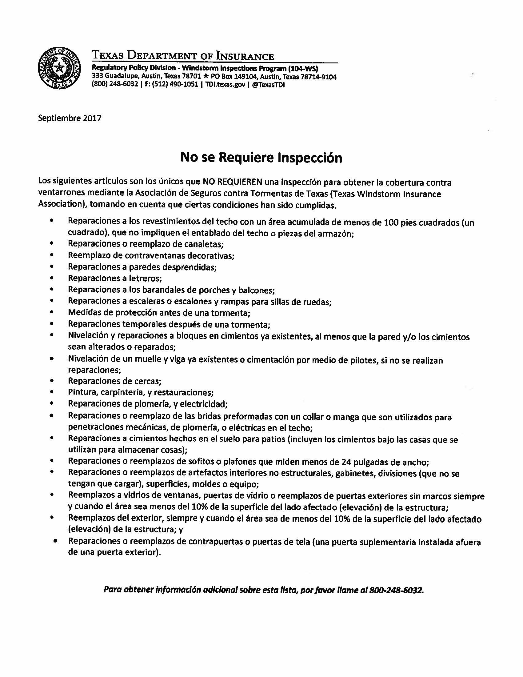 Texas Department of Insurance No Inspection Required Items to Gain
